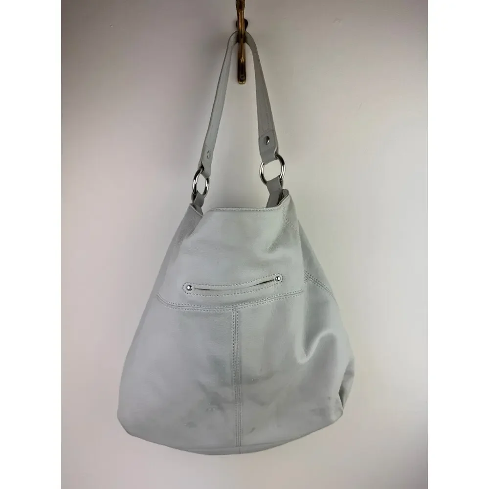 B. Makowsky Bone Handbag Leather Studded Pockets Handle Shoulder Hobo Bag USED